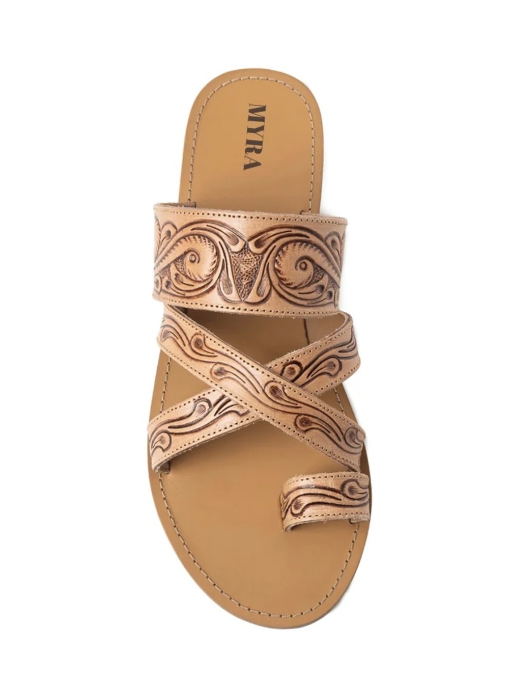 Tan Genuine Tooled Leather Slide Sandals - Picture 8 of 8